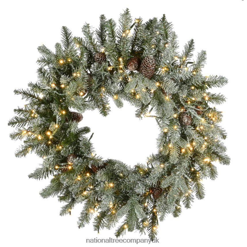 Greenery | National Tree Company Pre-Lit Artificial Christmas Wreath Green Snowy Morgan Spruce Dual Color LED Lights Decorated with Pine Cones Christmas Collection 24 Inches F2L4F282